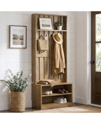 Farmhouse Hall Tree with Bench and Shoe Storage, Brown