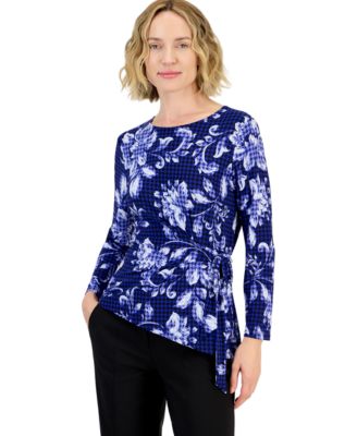 Women's Floral Houndstooth-Print Wrap Front Long Sleeve Knit Top