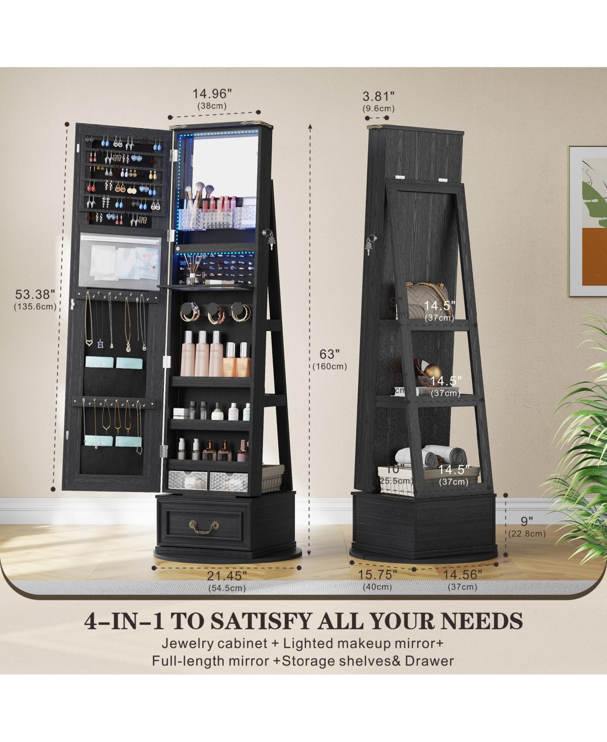 Vlsrka 360° Rotating Jewelry Armoire with Full-Length Mirror