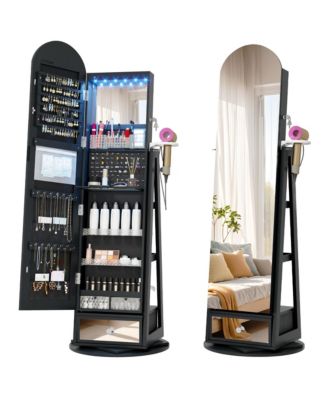 Swivel Arched Jewelry Cabinet with Full-Length Mirror, Lockable Standing Armoire