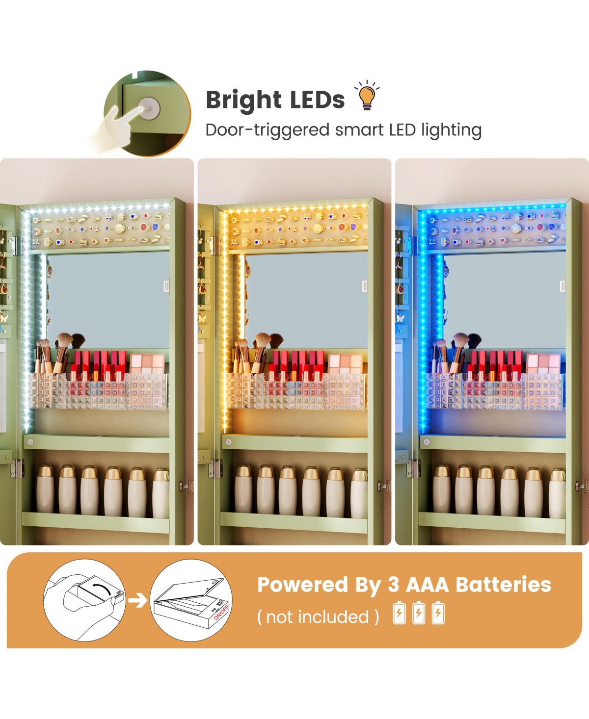 Vlsrka 42.5"H Jewelry Armoire with Led Lights, Wall and Door Mounted Mirror Cabinet