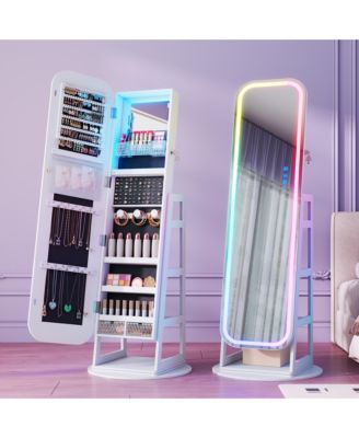 360&deg; Swivel Jewelry Armoire with RGB LED Light, Oval Full-Length Mirror, Lockable Jewelry Cabinet