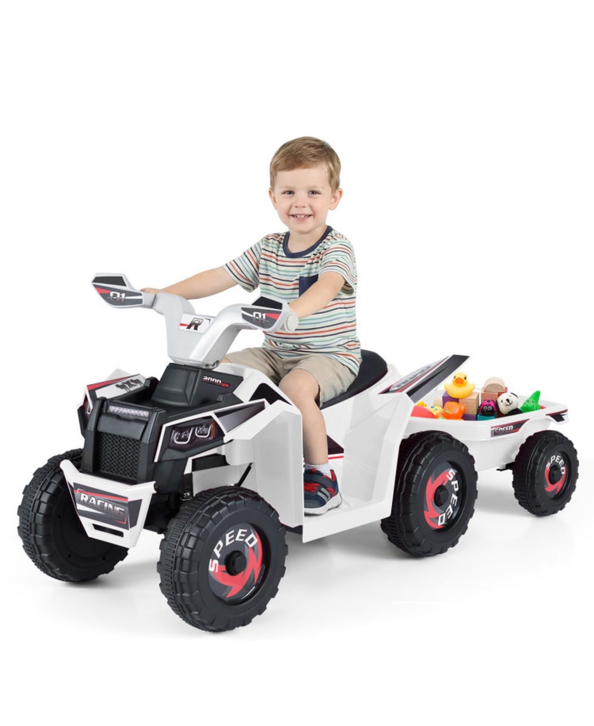 Sugift 6V Kids Electric Atv Quad with Detachable Trailer and Multi-Terrain Wheels Ages 3