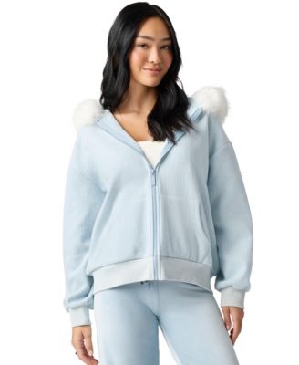 Juniors' Ski Bunny Cable-Knit Faux Fur Trim Full-Zip Hoodie