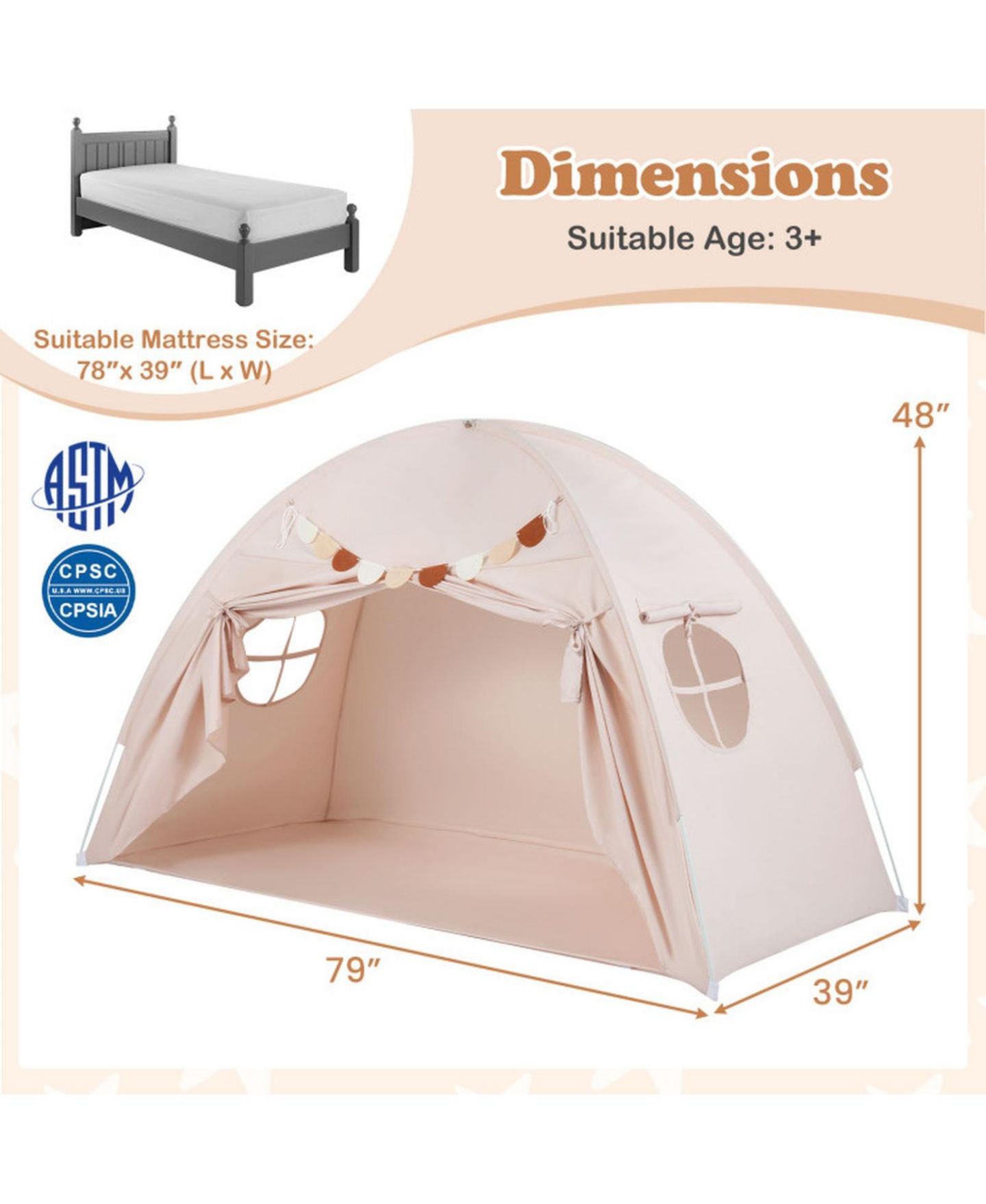 Детская игрушка SUGIFT Twin-Fit Machine-Washable Canopy Bed Tent, Ages 3+, цвет: Натуральный — фото 3