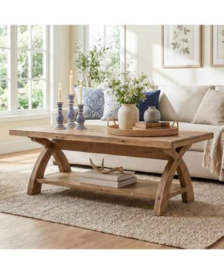 Solid Wood Coffee Table Farmhouse rectangular table with X-shaped legs and shelf. Industrial accent cocktail table for living room