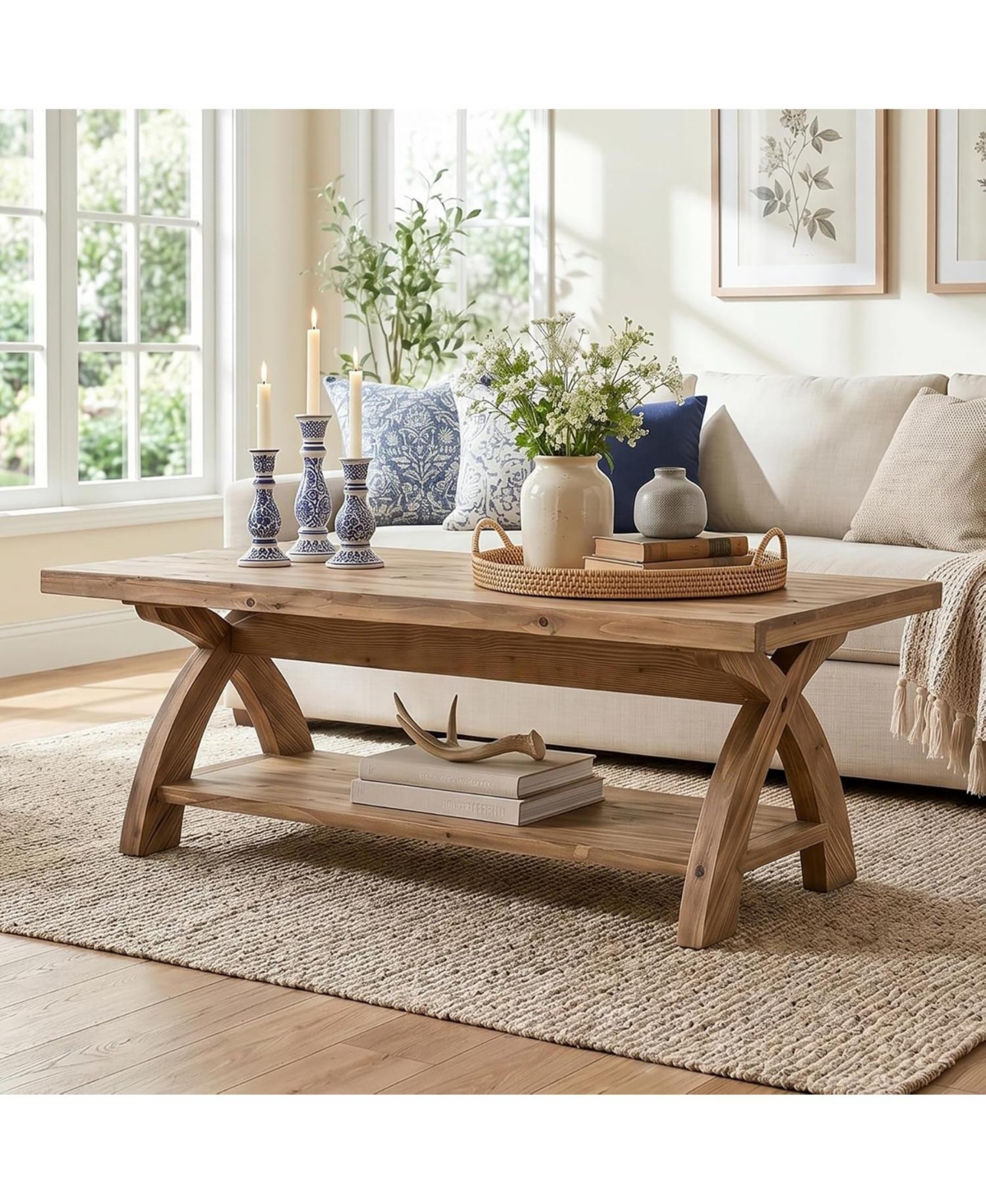 Tribesigns Solid Wood Coffee Table Farmhouse rectangular table with X-shaped legs and shelf. Industrial accent cocktail table for living room - Brown