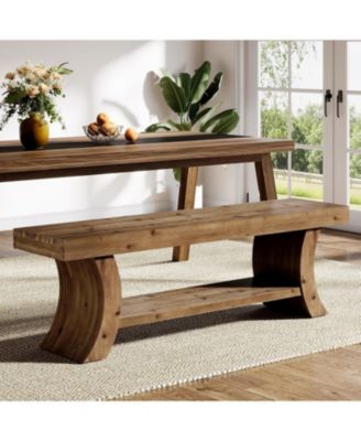 55-Inch Solid Wood Dining Bench with Storage Shelf, Farmhouse Kitchen Bench Seating for Dining Room, Living Room Entryway, Easy Assembly
