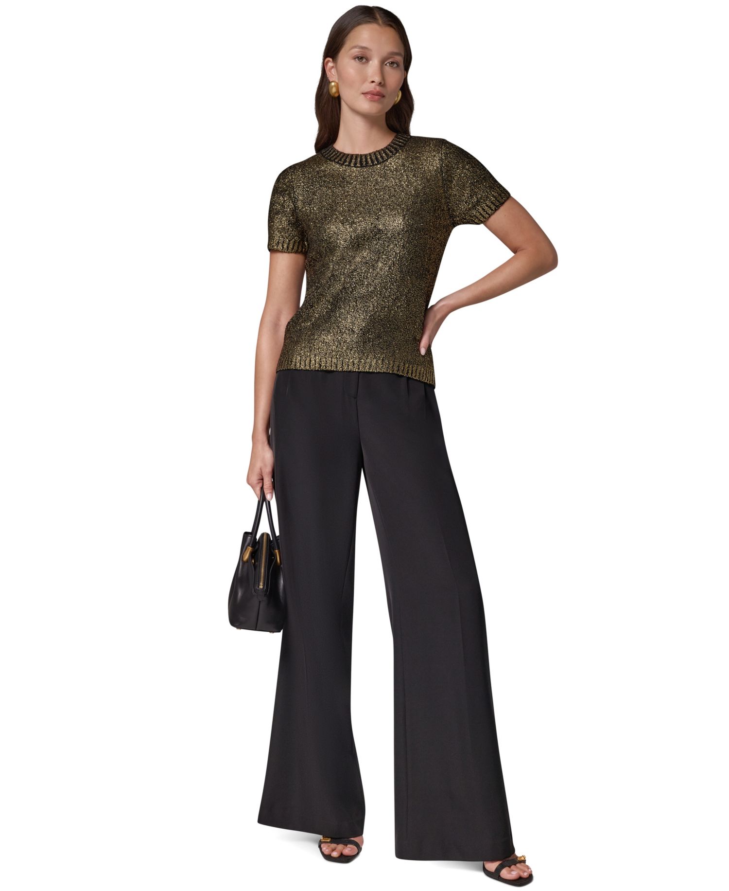 Women's Foil Boucle Short-Sleeve Crewneck Sweater