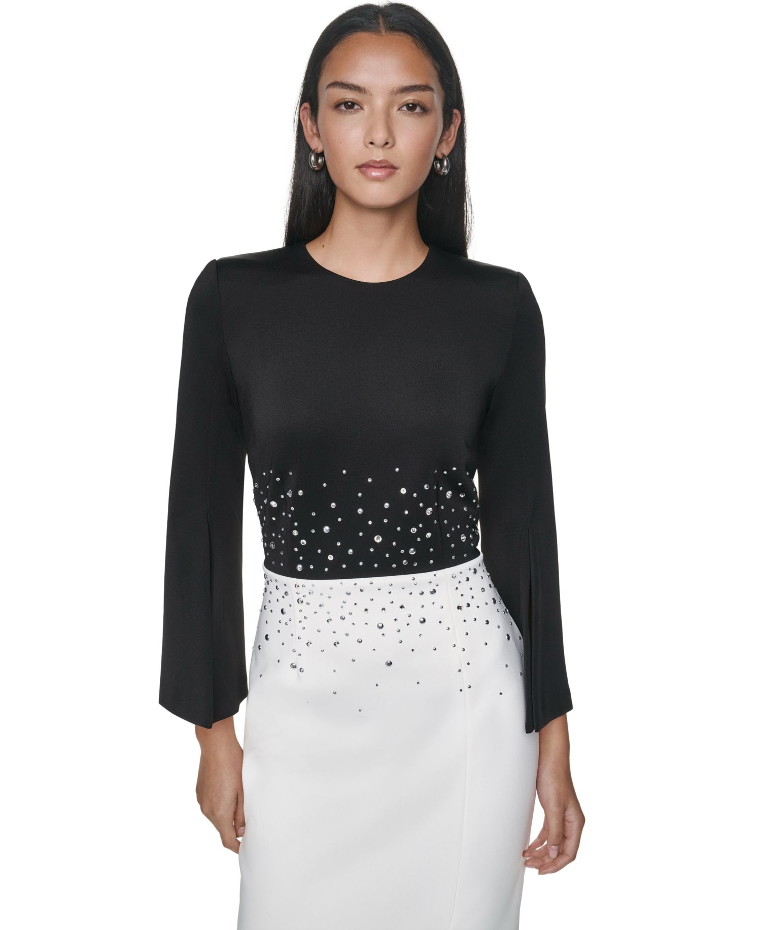 Women's Colorblock Rhinestone Bell-Sleeve Midi Dress