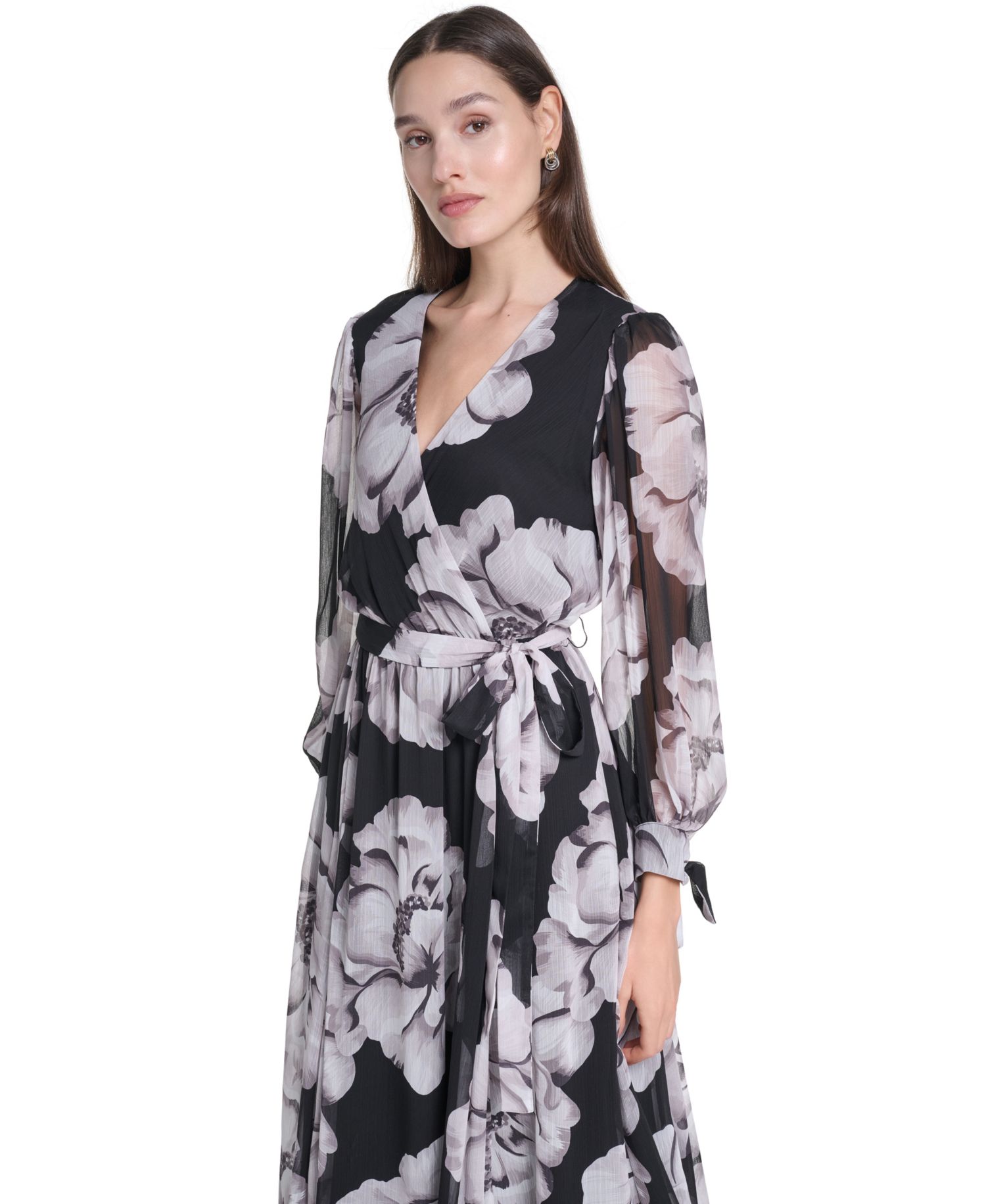 Women's Floral-Print V-Neck Bishop-Sleeve Midi Dress