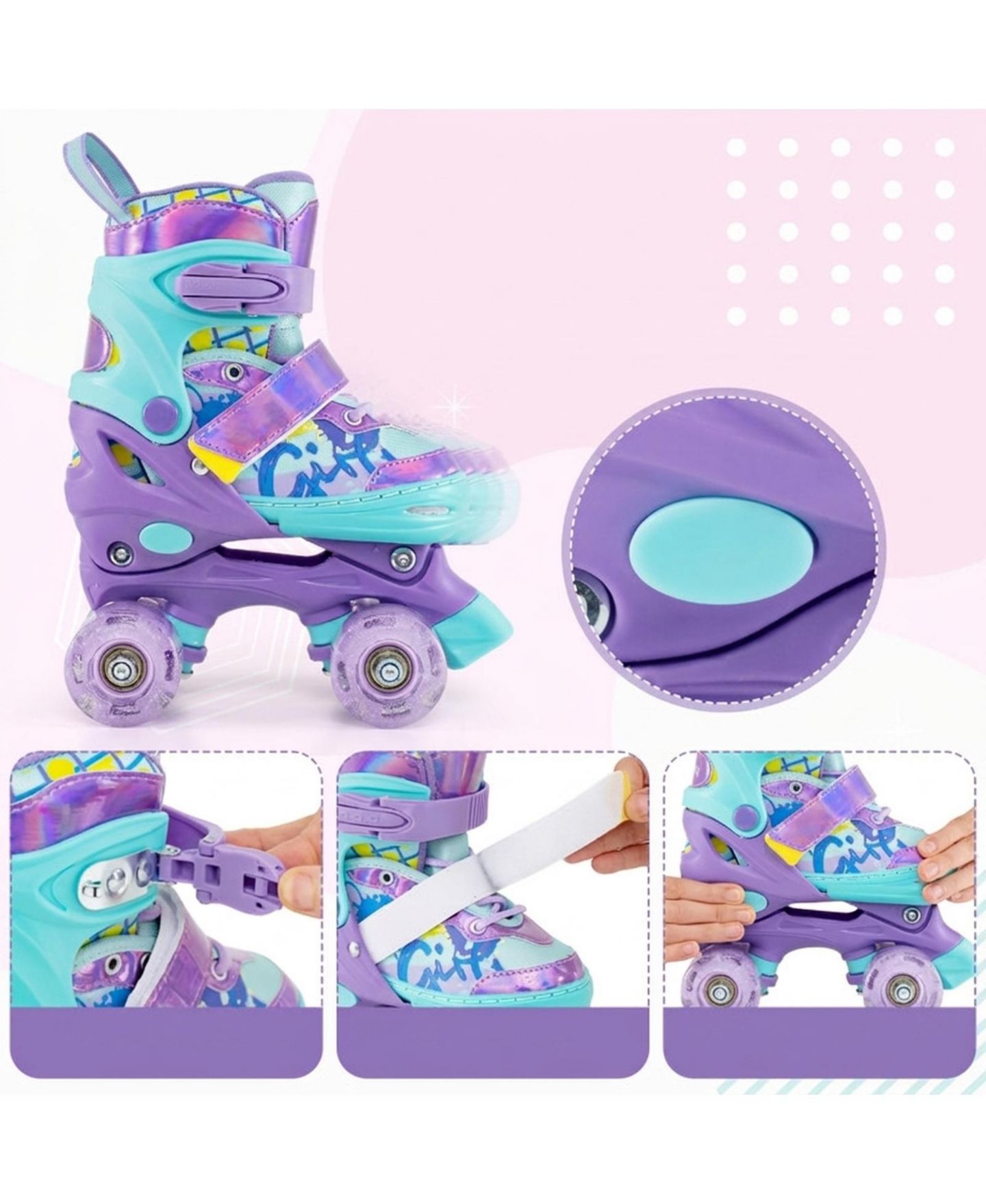 Детская игрушка SUGIFT Adjustable Kids Roller Skates Graffiti Pattern with Motion Glow Wheels, Ages 5-7, цвет: Фиолетовый — фото 5