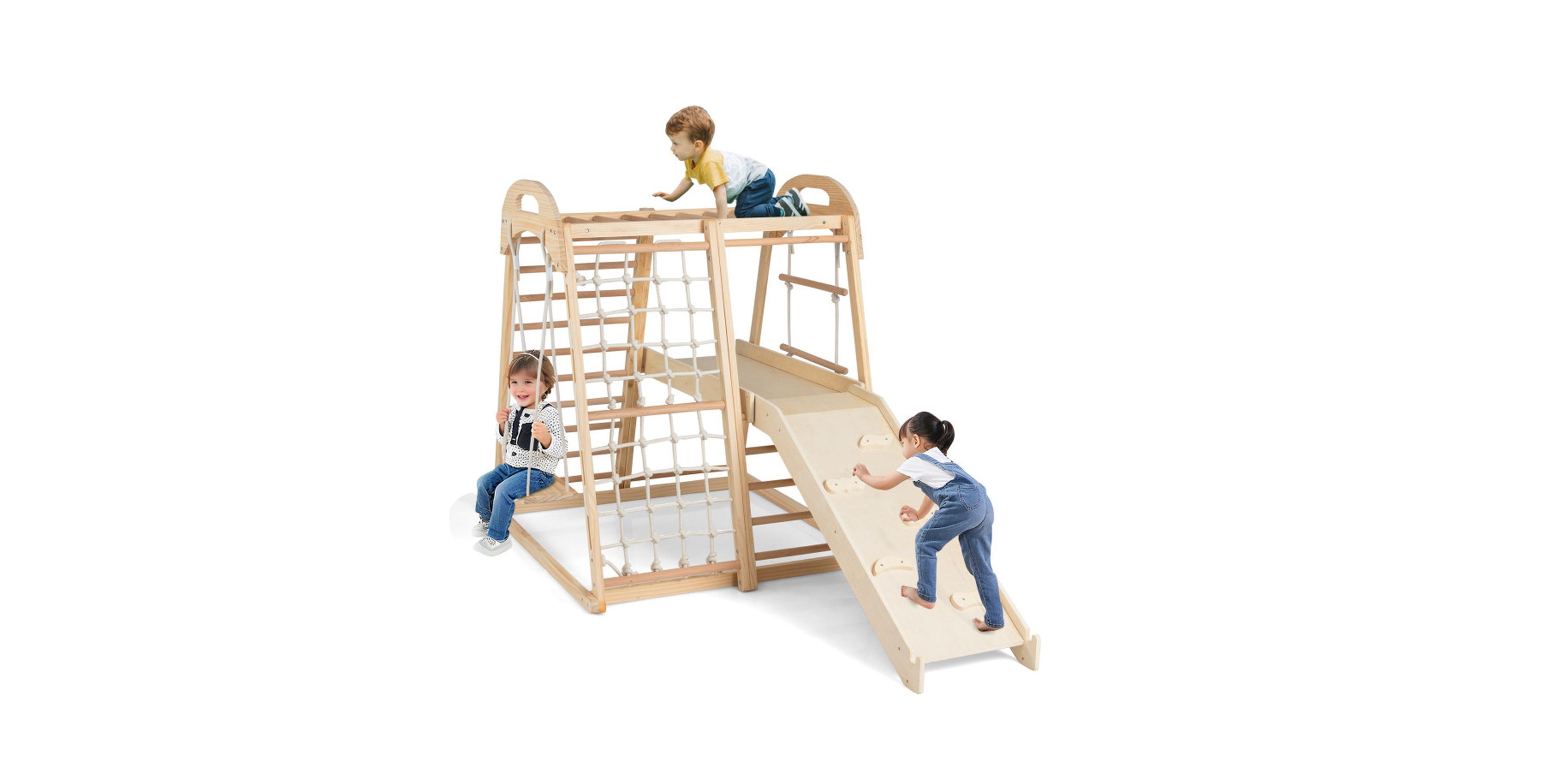 Sugift 8-in-1 Wooden Jungle Gym Montessori Climber Playset with Slide, Swing, and Monkey Bars, Ages 3-5