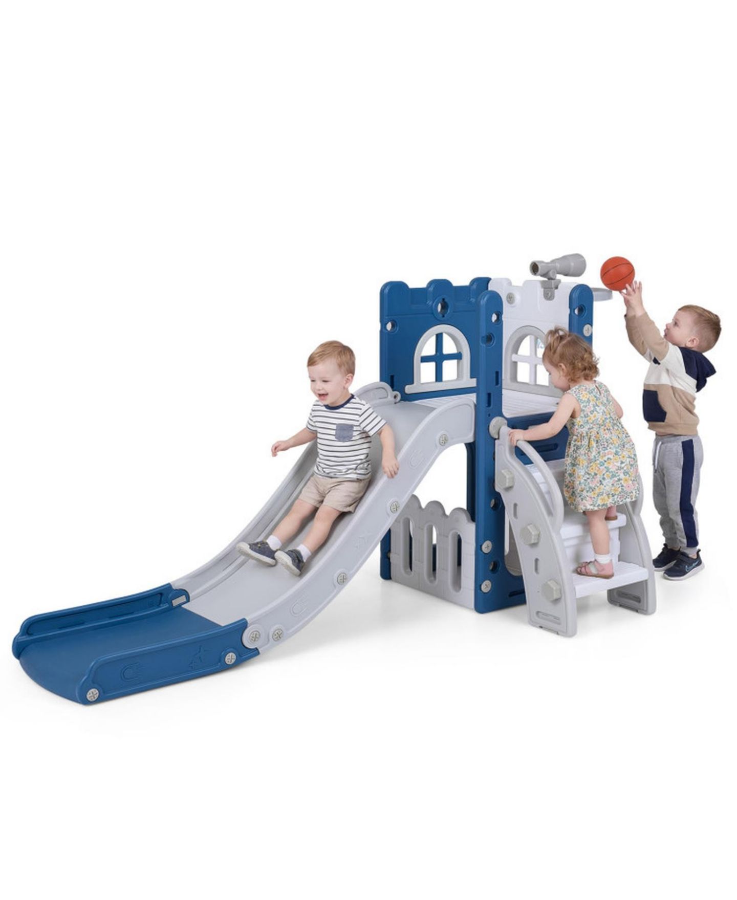 Детский игровой набор SUGIFT 6-in-1 L-Shaped Toddler Slide Climber Playset with Basketball Hoop, 27" x 57" x 33.5", 110 lbs Capacity, Ages 1-3, цвет: Синий — фото 11