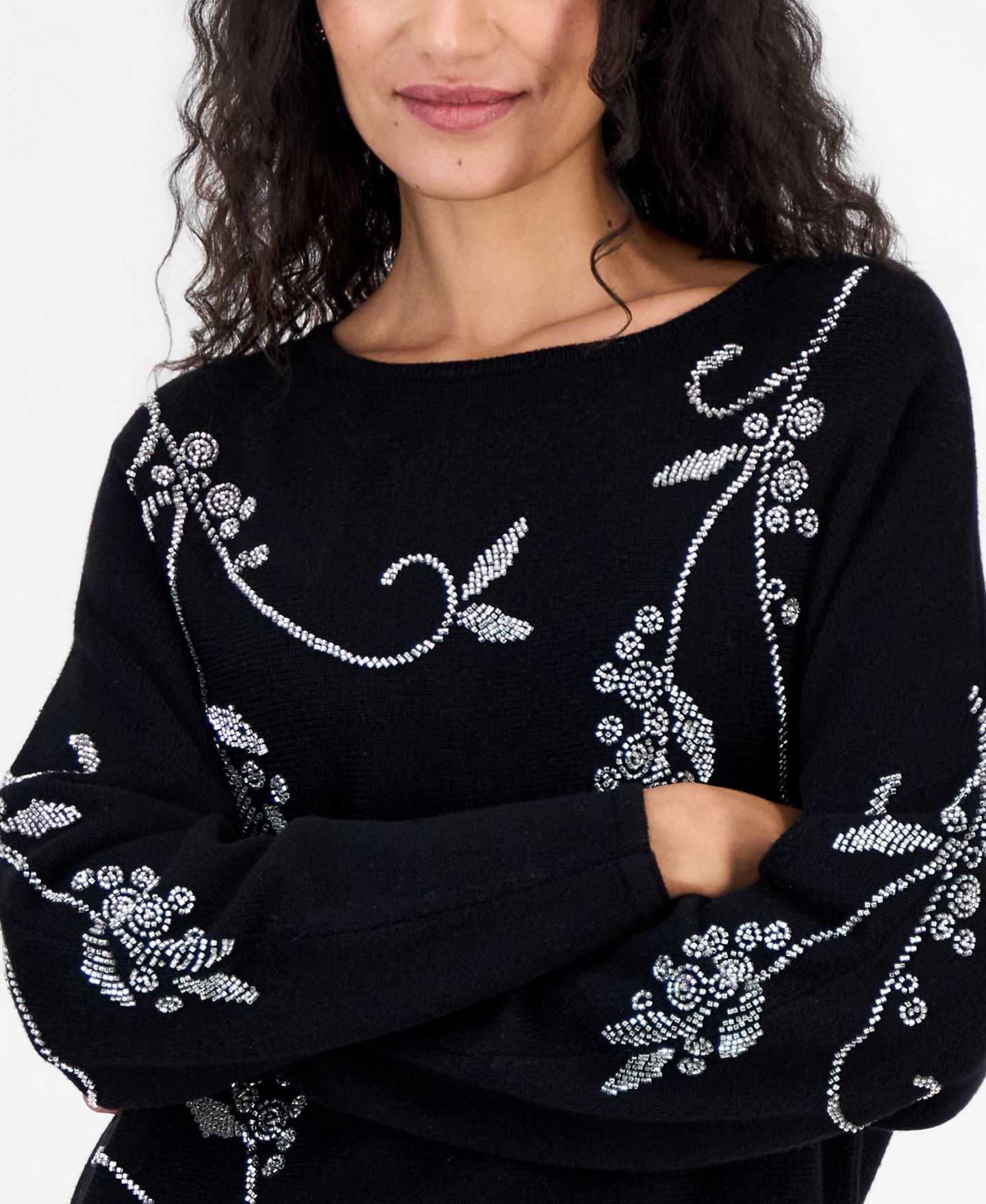 Женский свитер T Tahari Long-Sleeve Dolman with Seed Bead Embellishment, цвет: Чёрный — фото 3