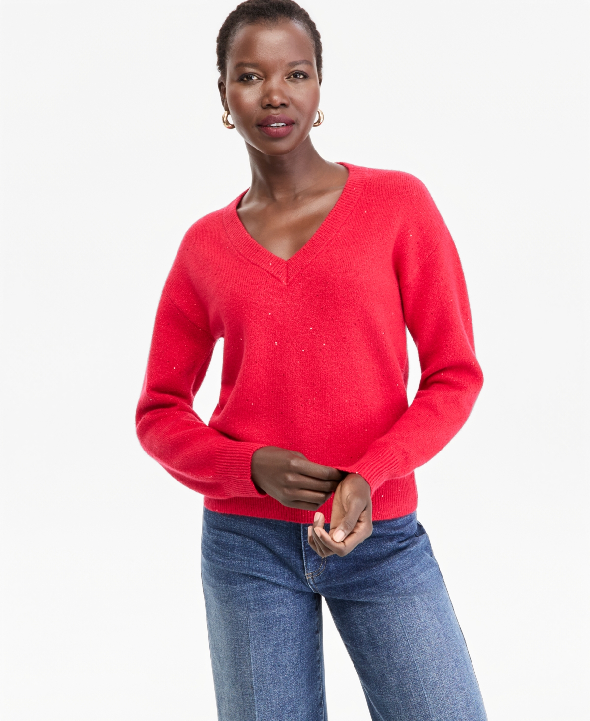 I.n.c. International Concepts Women's Roving Sequin Long-Sleeve Sweater, Macy's Exclusive - Real Red