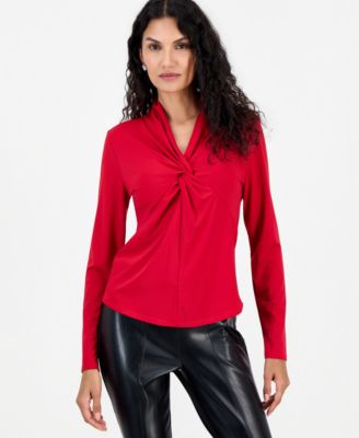 Women's Long-Sleeve V-Neck Twist-Front Blouse