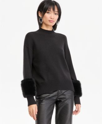 Women's Mock Neck Long-Sleeve Faux Fur-Trim Pullover Sweater