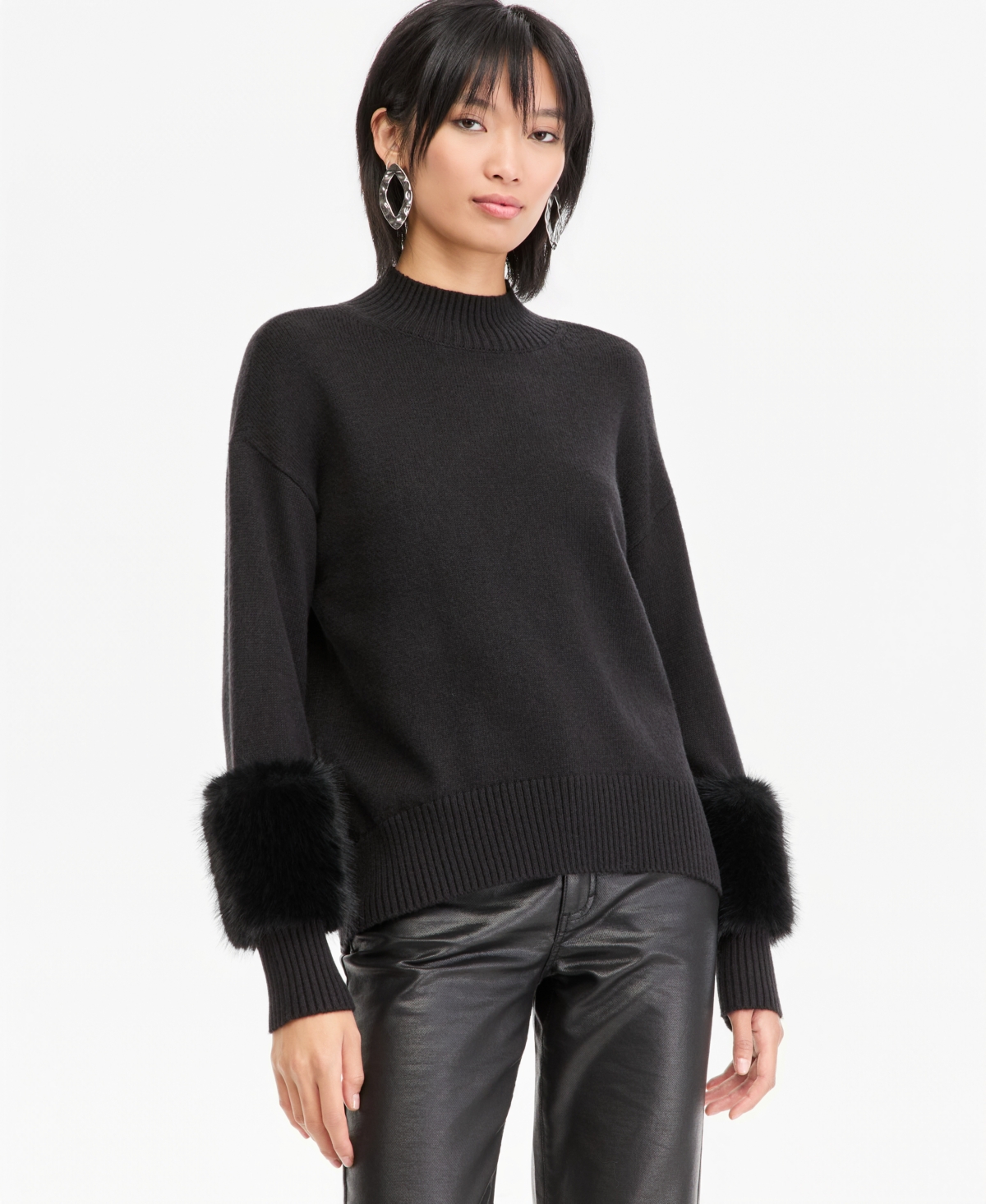 I.n.c. International Concepts Women's Mock Neck Long-Sleeve Faux Fur-Trim Pullover Sweater, Macy's Exclusive - Deep Black