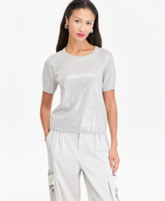 Women's Sequin Short-Sleeve Crewneck Sweater
