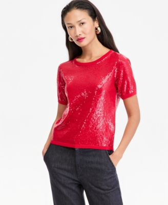 Women's Sequin Short-Sleeve Crewneck Sweater