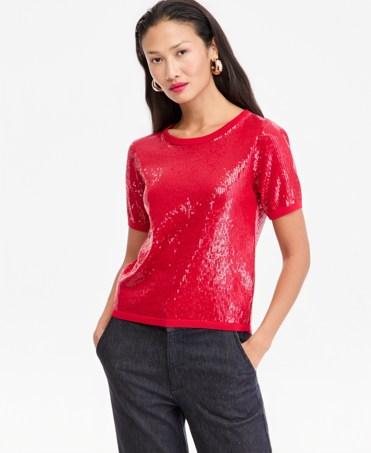 I.n.c. International Concepts Women's Sequin Short-Sleeve Crewneck Sweater, Macy's Exclusive - Real Red