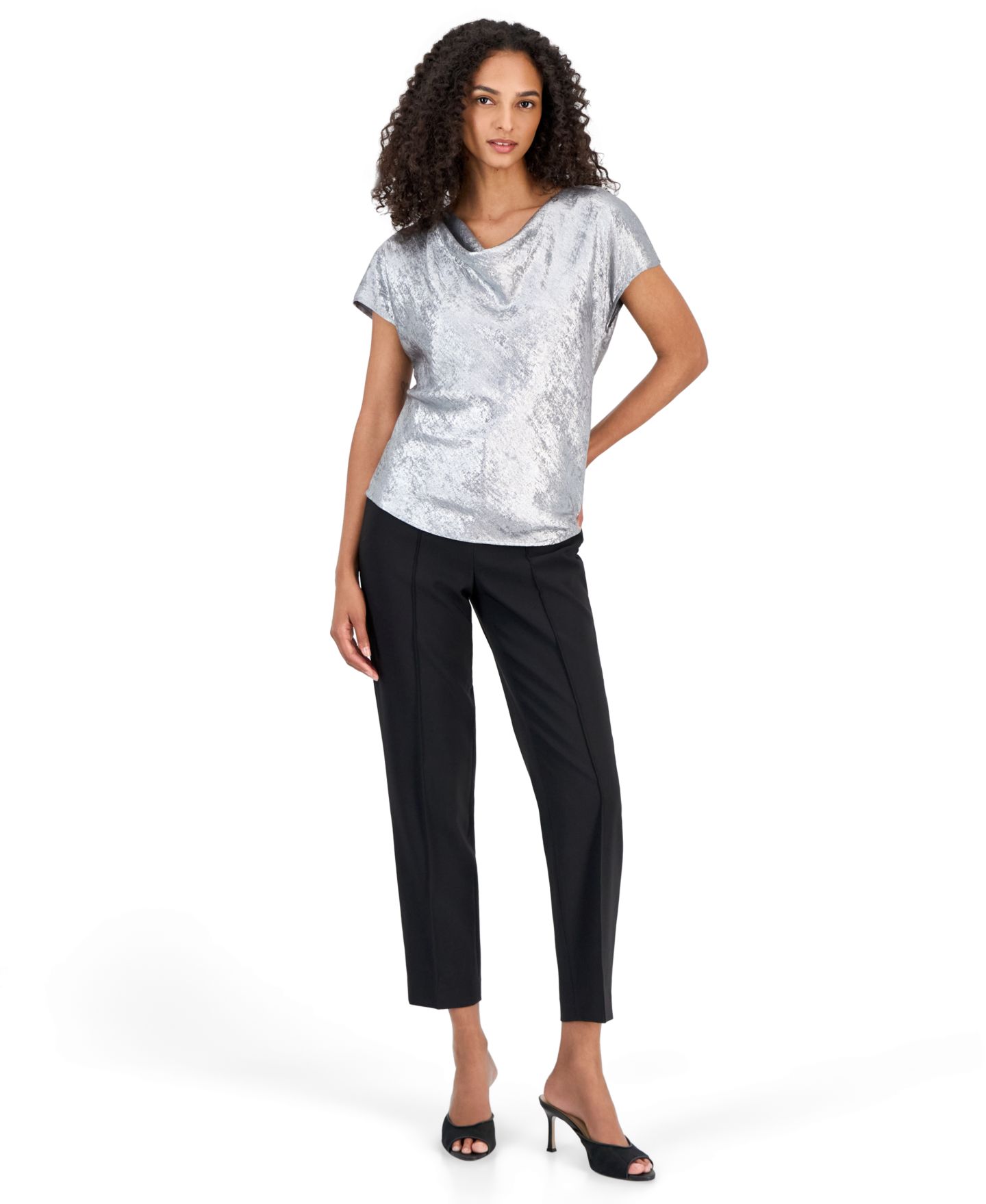Женская блузка Anne Klein Cowl Neck Short-Sleeve Metallic, цвет: Серебряный — фото 2