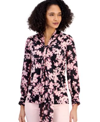 Petite Floral-Print Tie Neck Long Sleeve Blouse