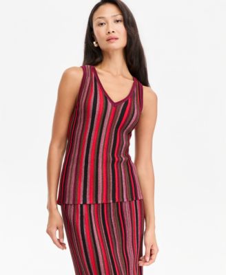 Women's Sleeveless V-Neck Metallic-Stripe Sweater