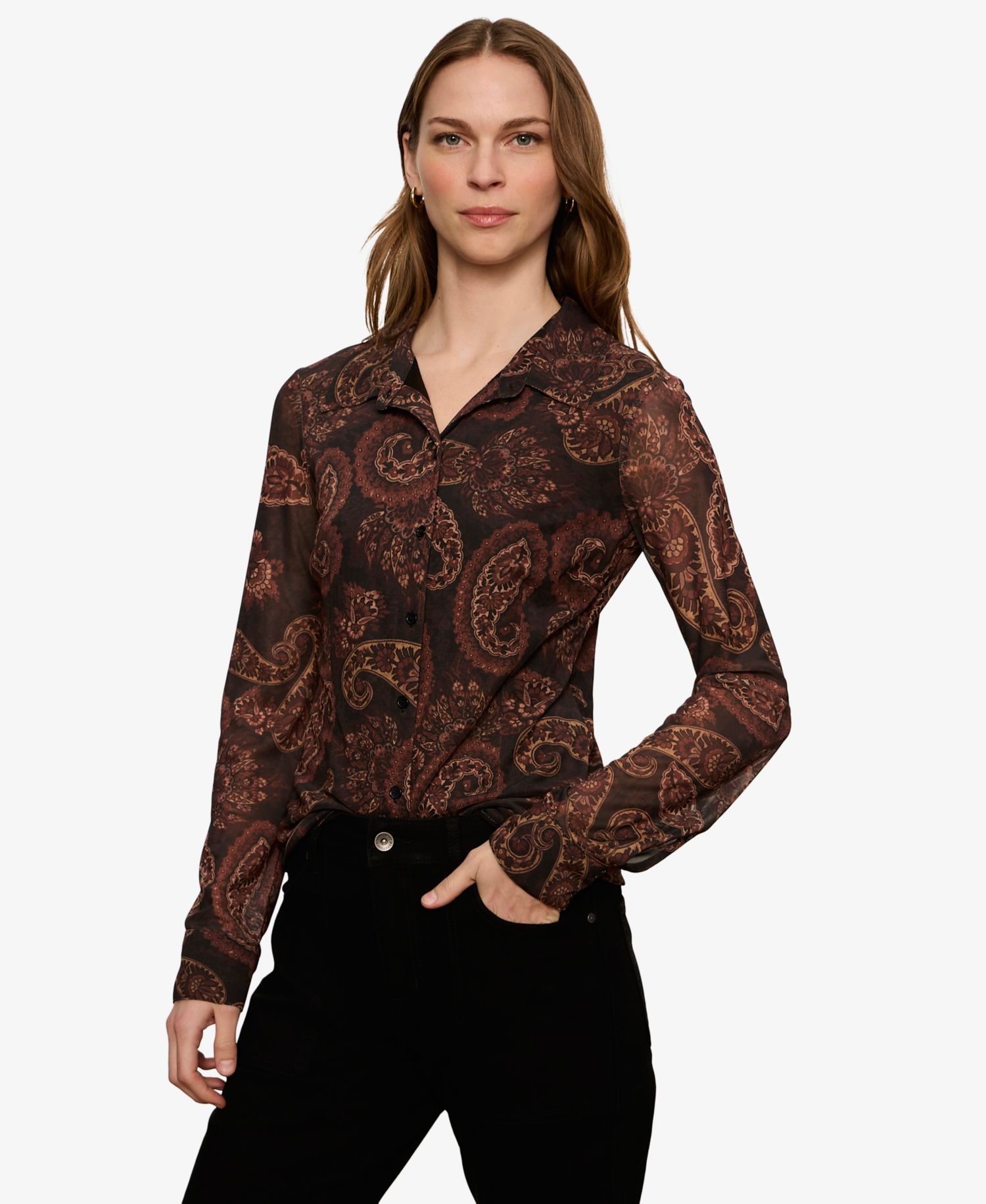 Petite Long-Sleeve Mesh Paisley Blouse