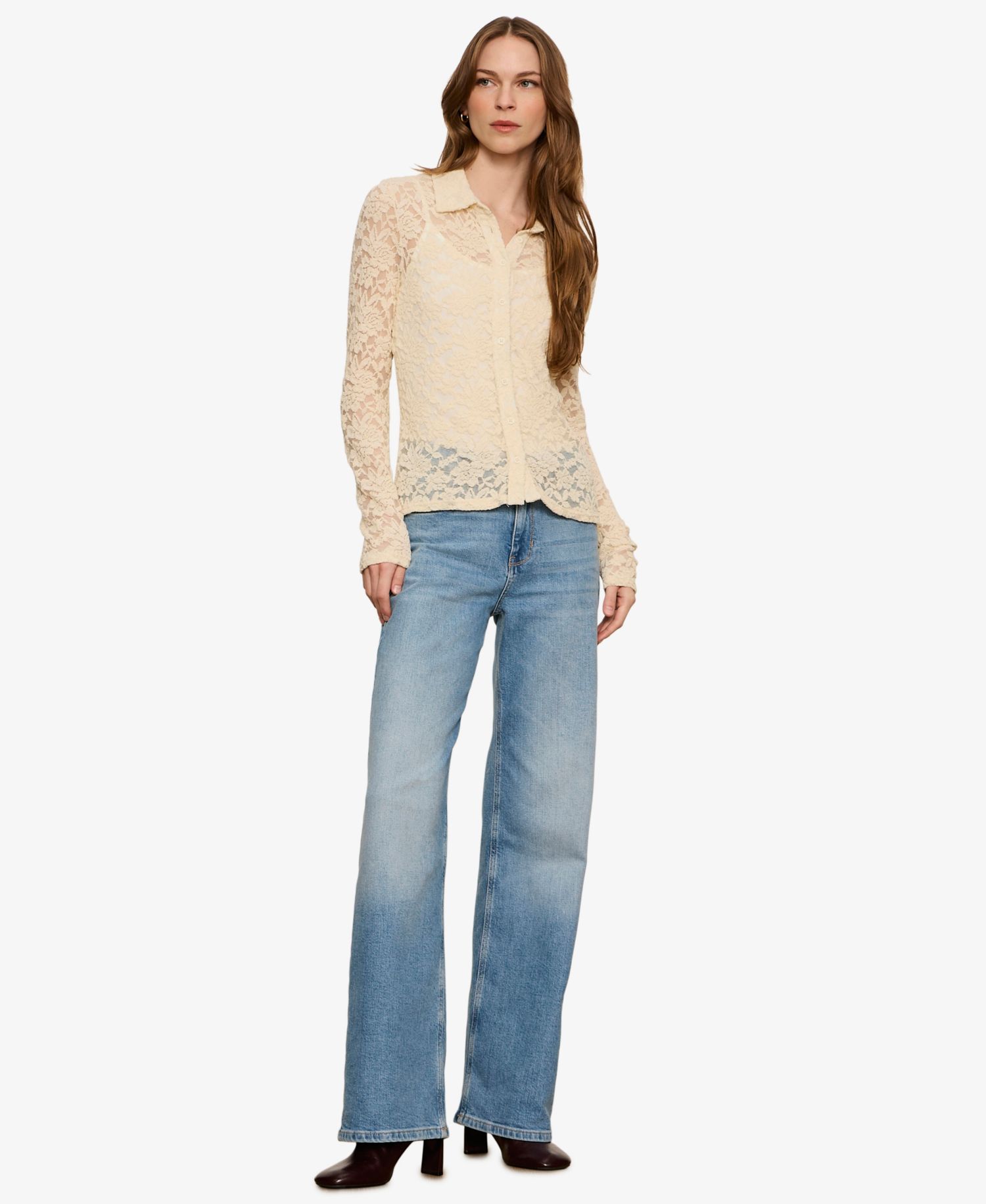 Petite Dreamer Lace Long-Sleeve Button-Up Blouse