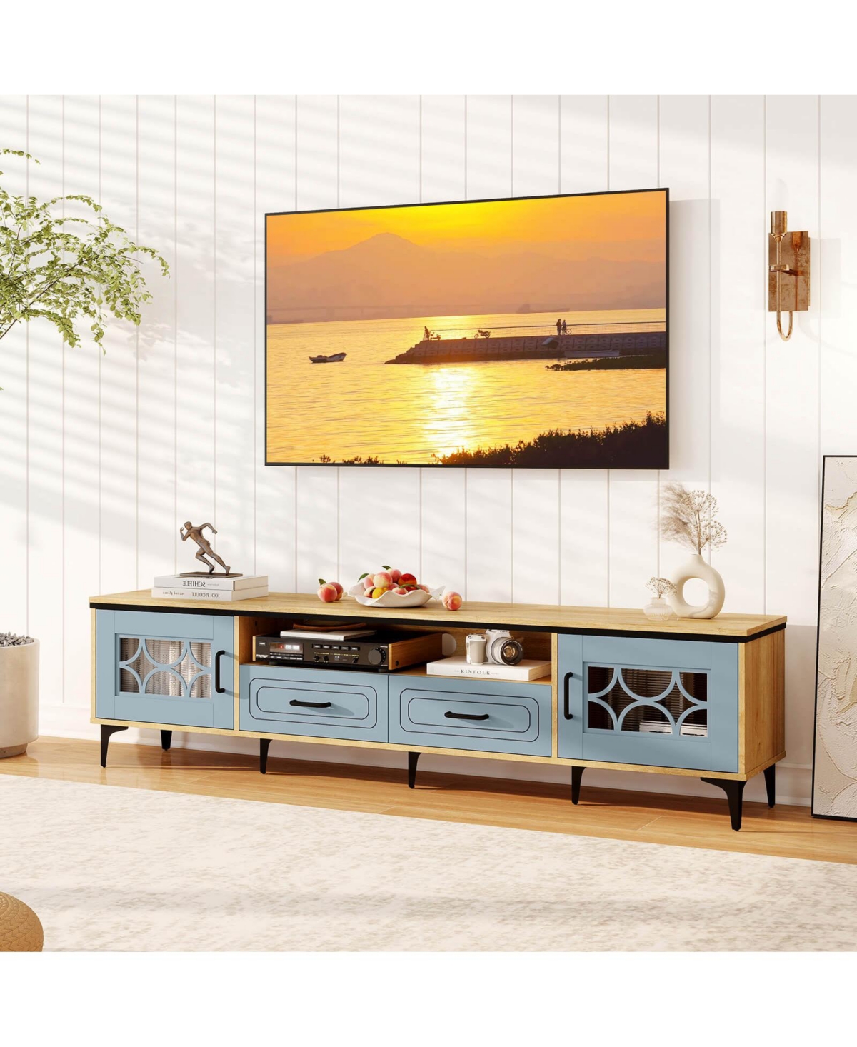 Costway 71" Tv Stand for TVs up to 80" with Open Compartment Side Cabinets & Drawers