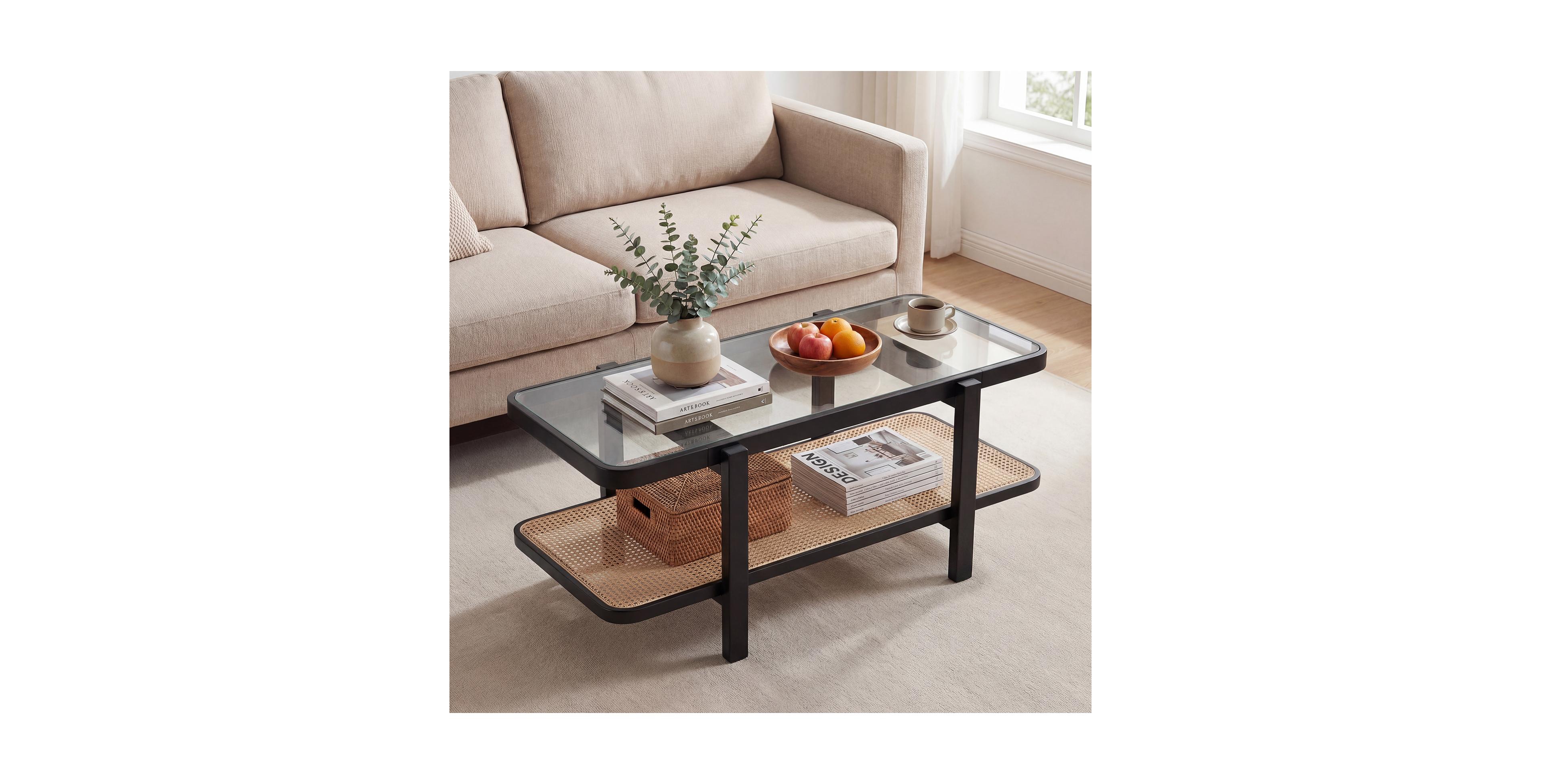 Costway 2-Tier Rustic Coffee Table with Storage Tempered Glass Tabletop Pe Rattan Shelf
