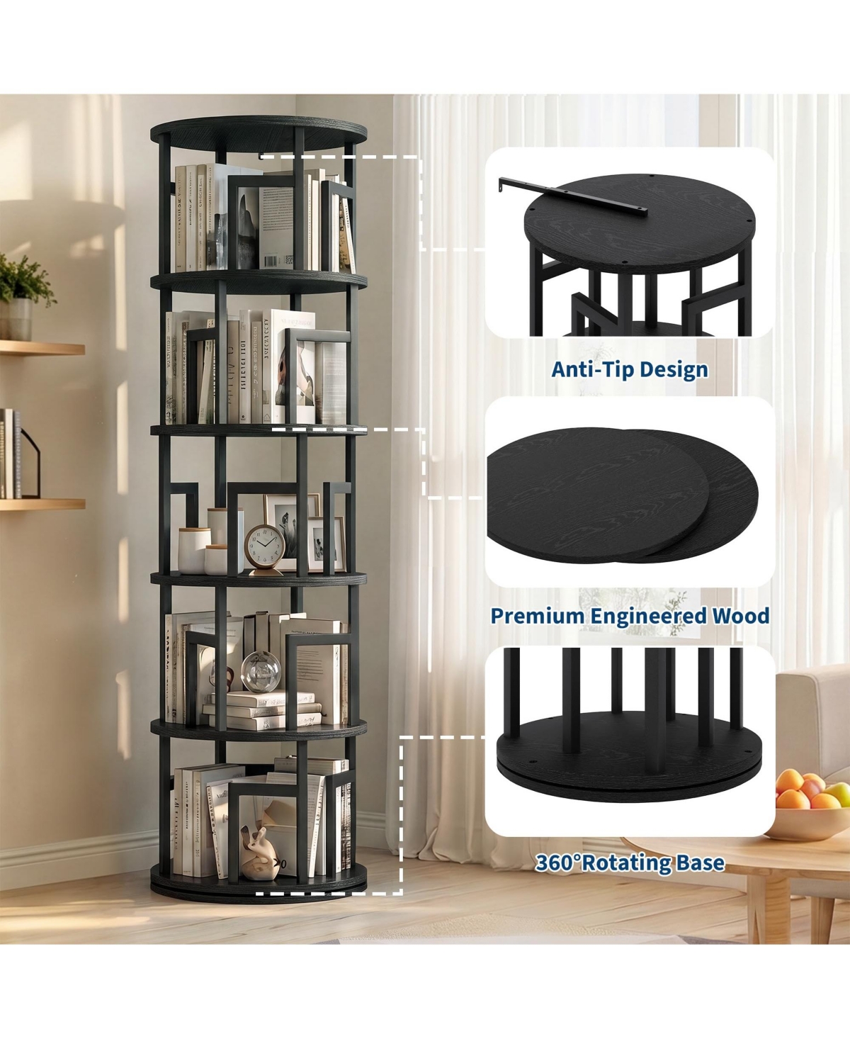 5-Tier Rotating Bookshelf Tower, Space-Saving Spinning Corner Bookcase, Revolving 360degree(s) Display Shelf for Home Office, Modern Metal Frame