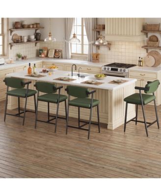 Modern Counter Height Bar Stools Set of 6 with Arms and Back, Upholstered Wide Seat, Ergonomic Metal Frame, Footrest, Easy Assembly