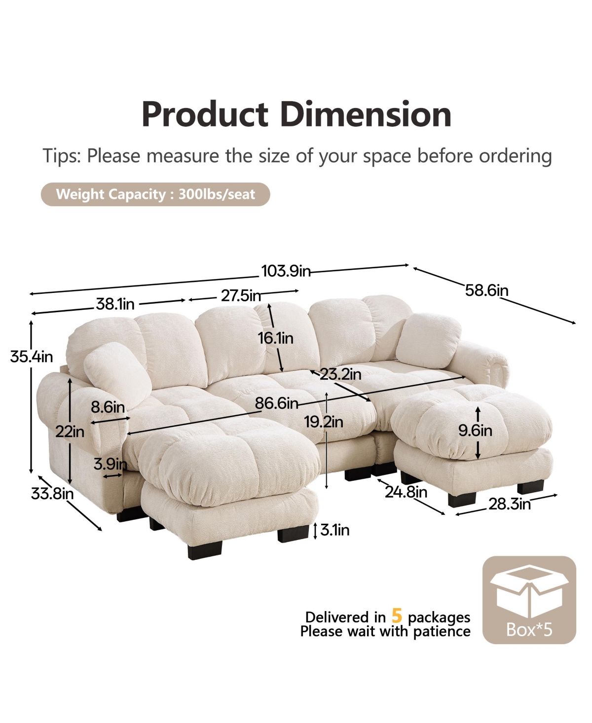 Boyel Living Oversize Chenille U-Shaped Sofa Deep Seat Couch with Movable Ottoman Exquisite Soft Padded Armrests