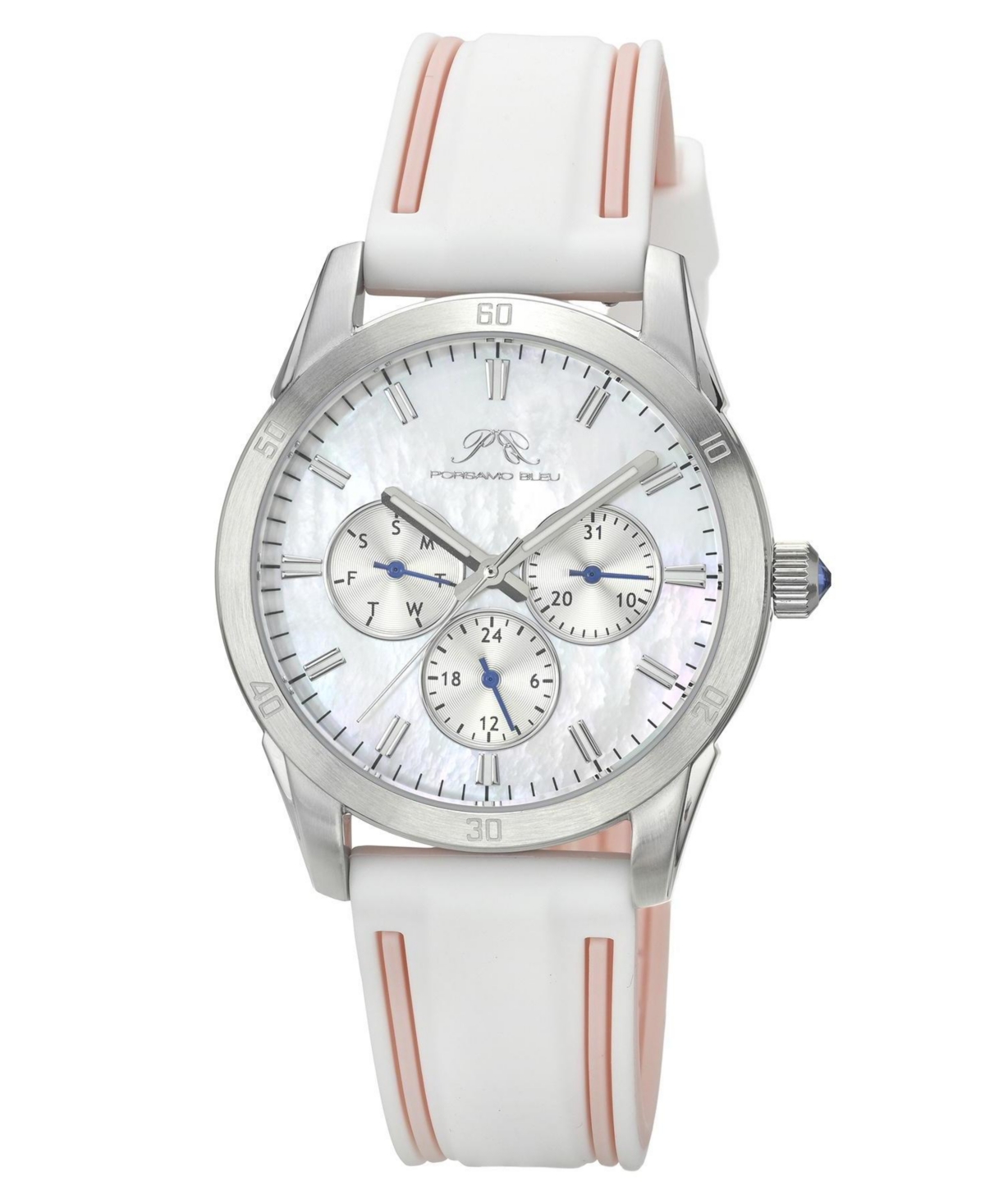 Porsamo Bleu Women's Georgie Multifunction White and Pink Silicone Strap Silver Tone Mother Of Pearl Dial Watch 39 mm