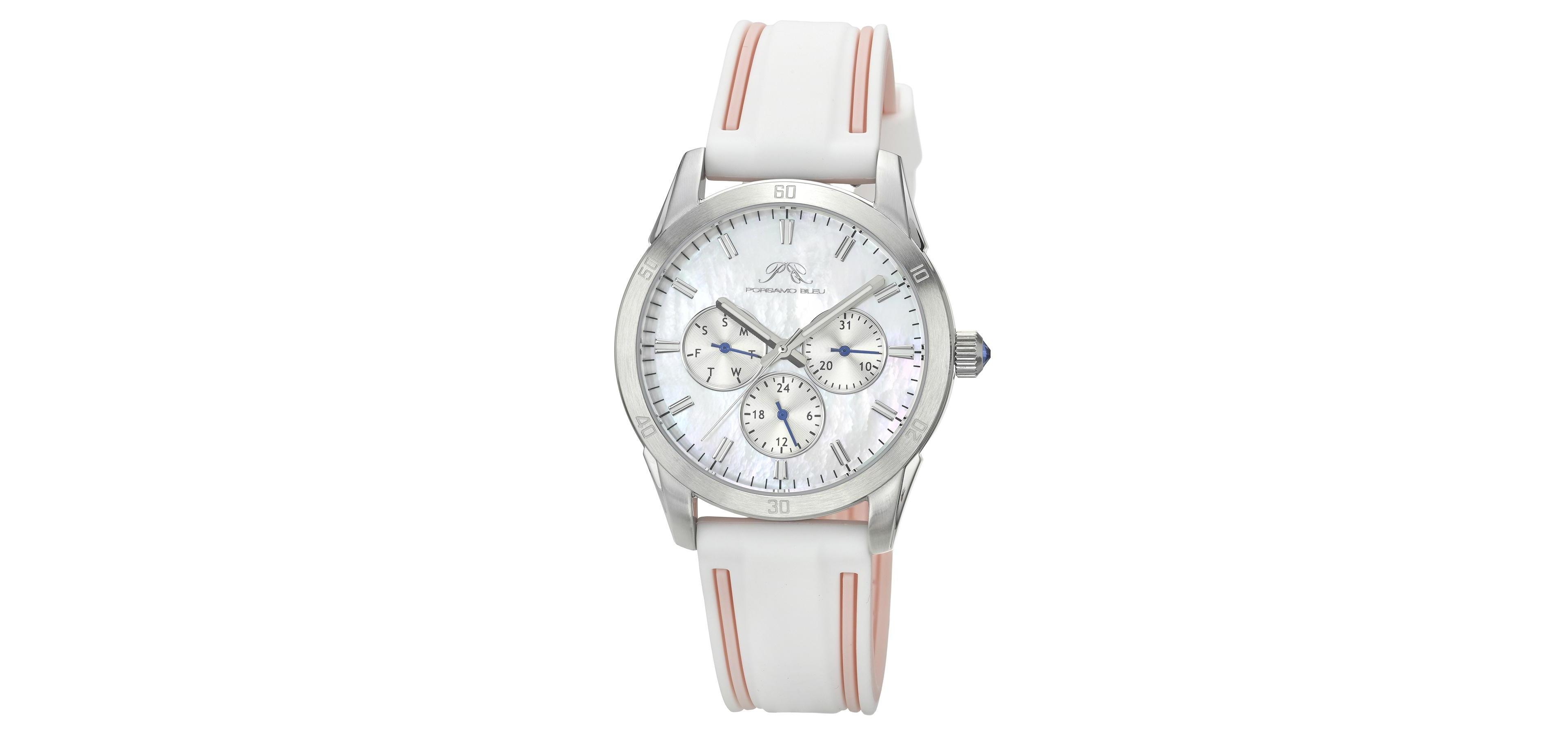 Porsamo Bleu Women's Georgie Multifunction White and Pink Silicone Strap Silver Tone Mother Of Pearl Dial Watch 39 mm