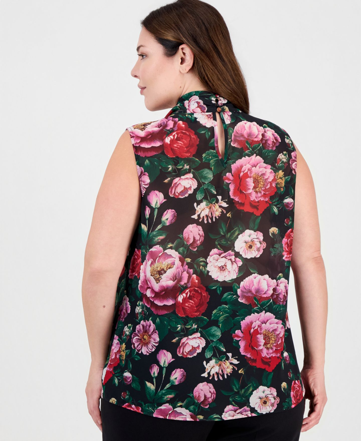 Женская блузка Tahari Plus Size Tie Front Floral-Print Sleeveless, цвет: Чёрный разноцветный — фото 4