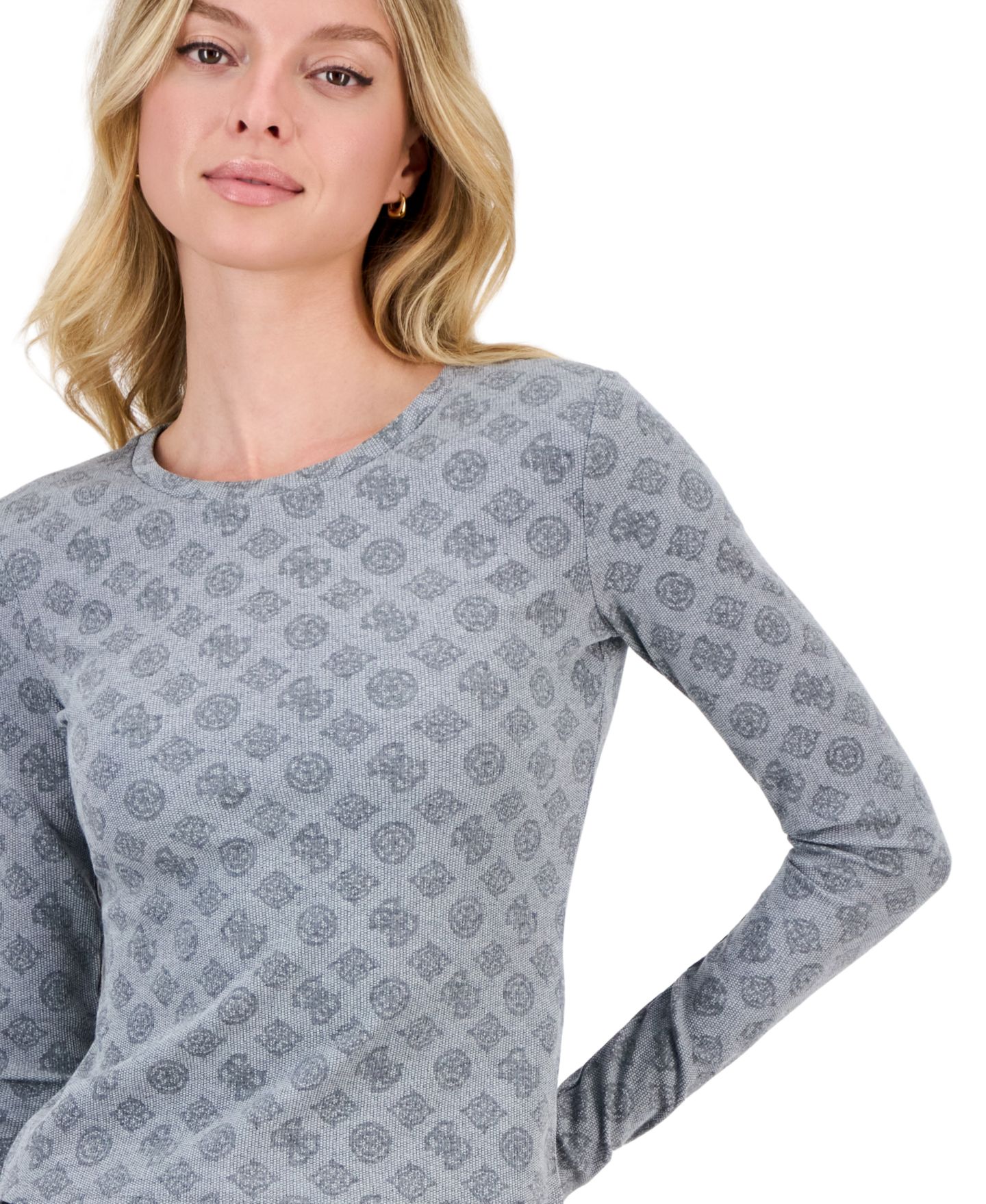 Женская футболка GUESS Fausta Allover Jacquard Logo Long-Sleeve Crewneck, цвет: Пионовый серый — фото 4