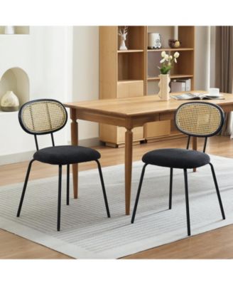 Dining Chairs Set of 2, Mid-Century Modern Velvet Upholstered Chairs with Rattan Backrest and Metal Legs, for Kitchen, Living Room, Reception
