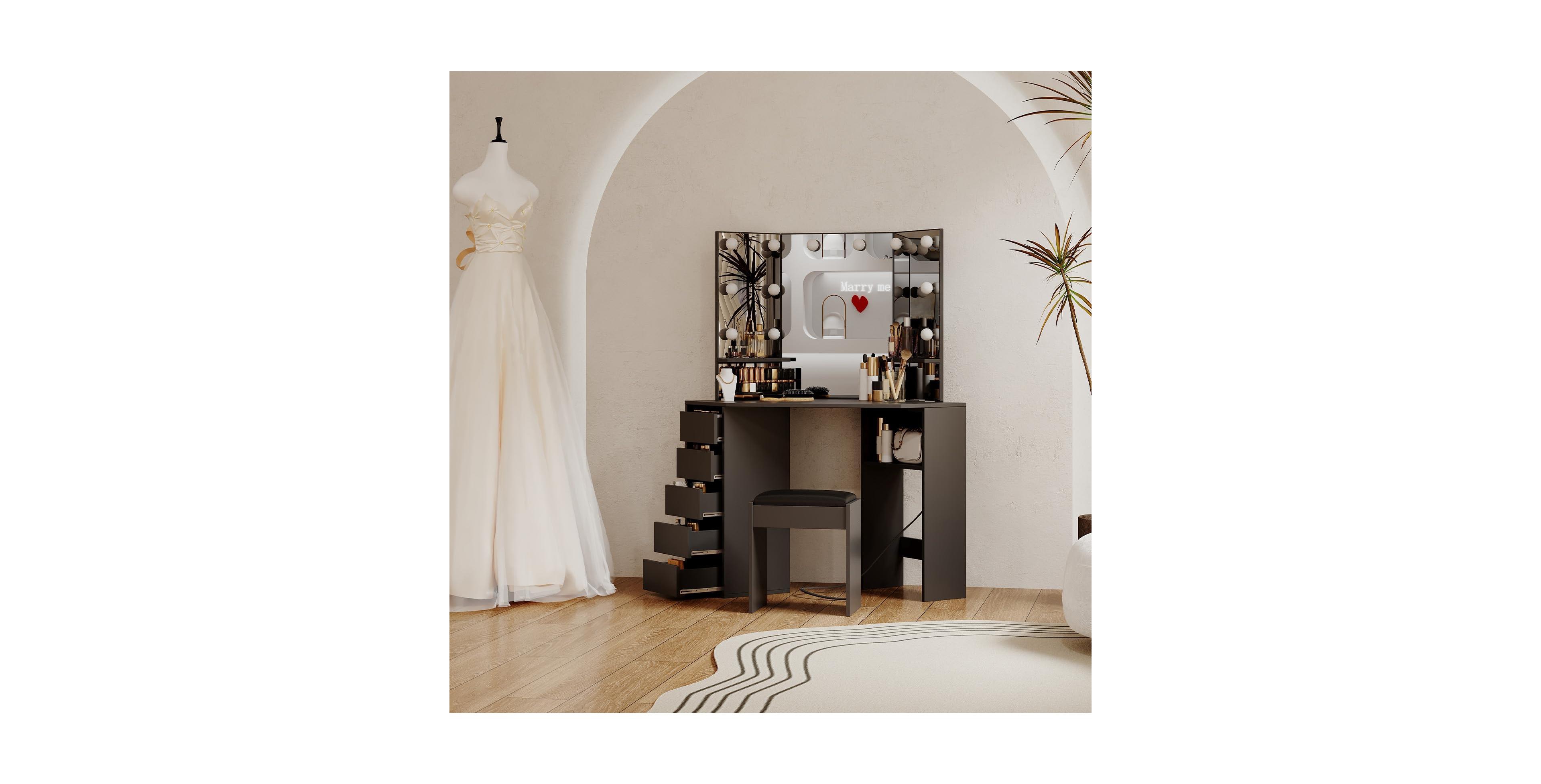 gaomon Space Saving Corner Makeup Vanity Desk with Tri-Fold 10 Led Bulb Mirror, 5 Drawers Charging Station for Bedroom Small Spaces