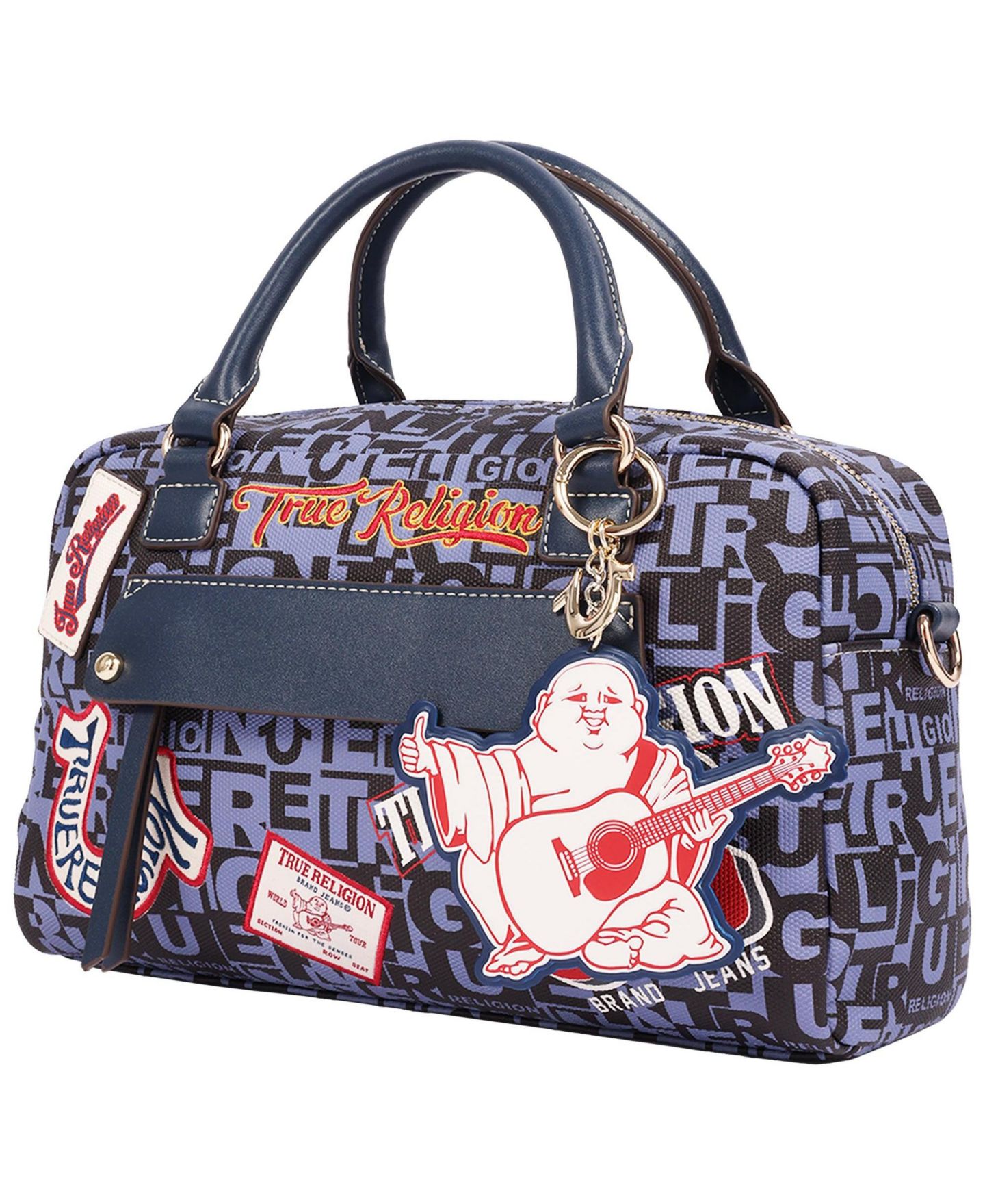 Женская сумка True Religion Multi Patch Graphic Satchel with Detachable Guitar Buddha Charm - Convertible Crossbody Handbag, цвет: Синий — фото 3