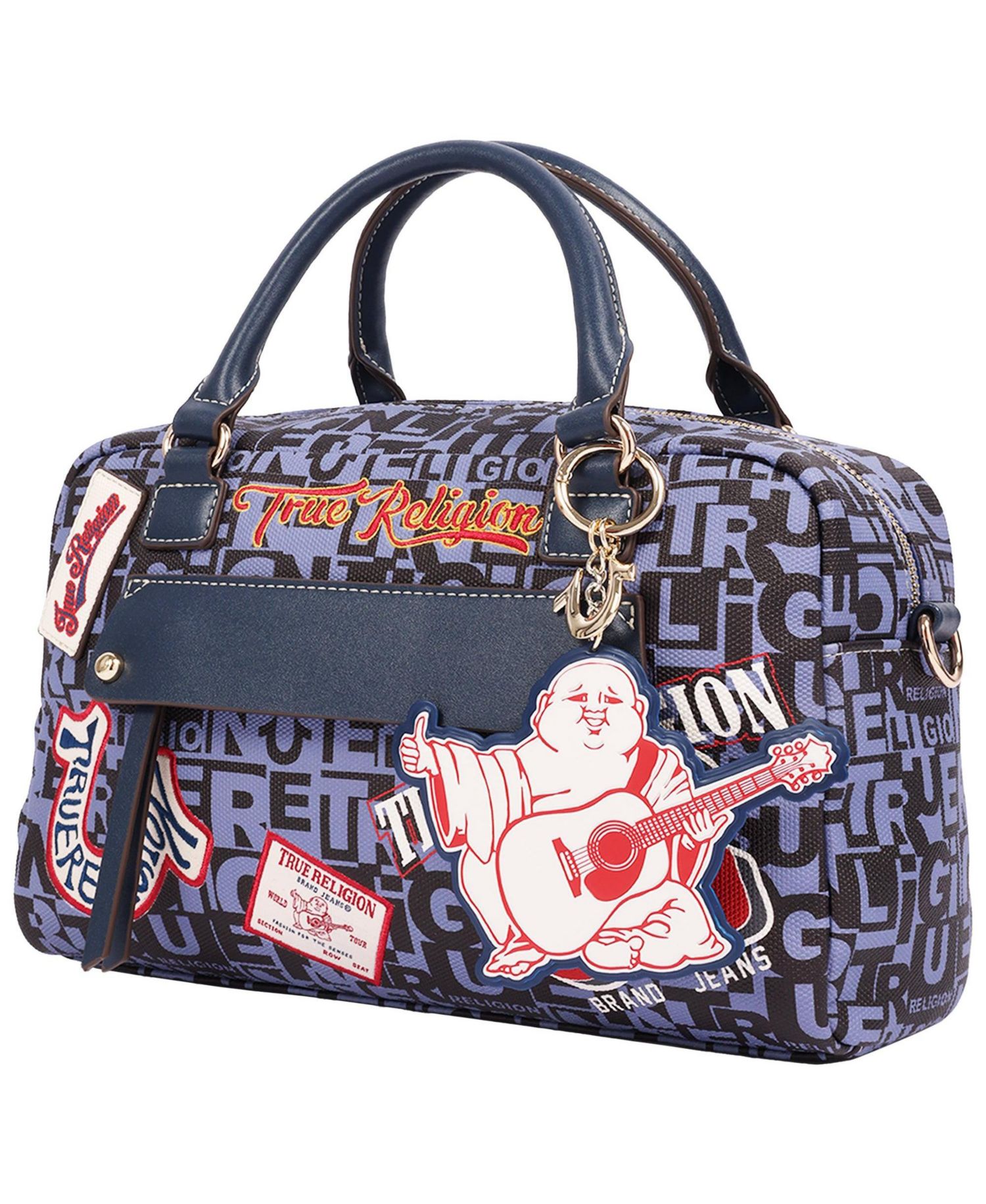Women's Multi Patch Graphic Satchel Bag with Detachable Guitar Buddha Charm - Convertible Crossbody Handbag