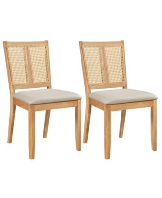 Rattan Dining Chairs Set of 2 with Curved Backrest and Padded Seat Rubber Wood Frame