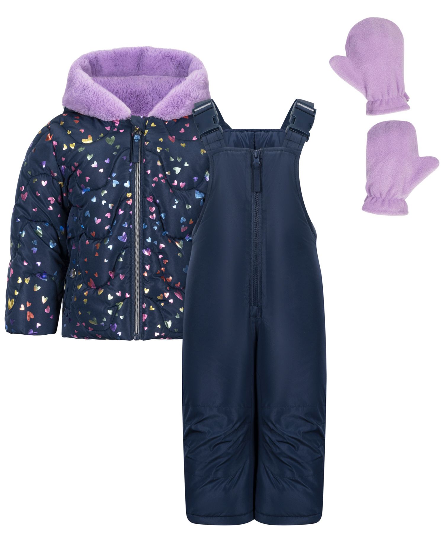 Baby Girls' Foil-Print Fleece-Lined Hooded Jacket and Ski Bib, 2-Piece Set