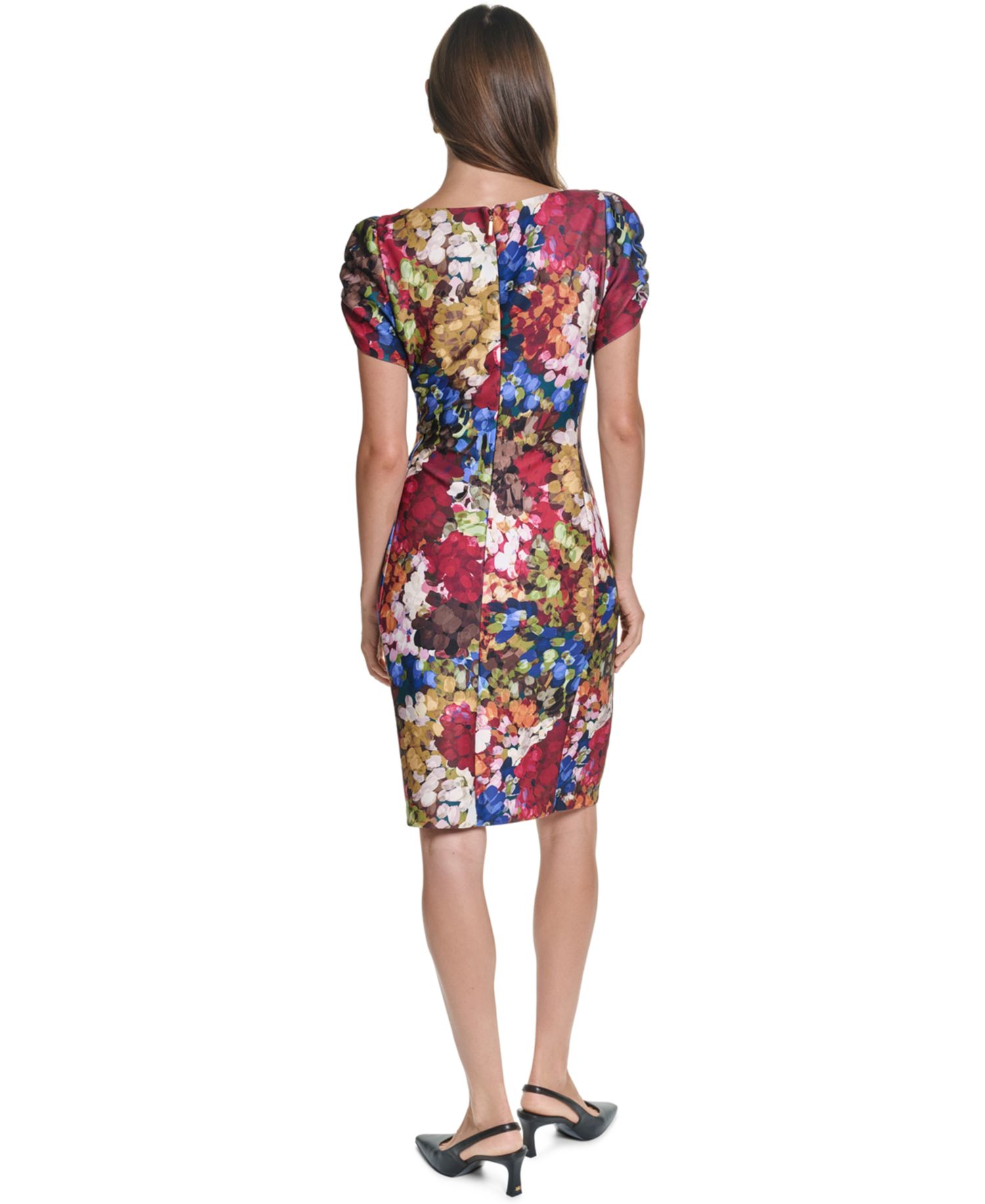 Women's Floral-Print Short-Sleeve Scuba Crepe Dress