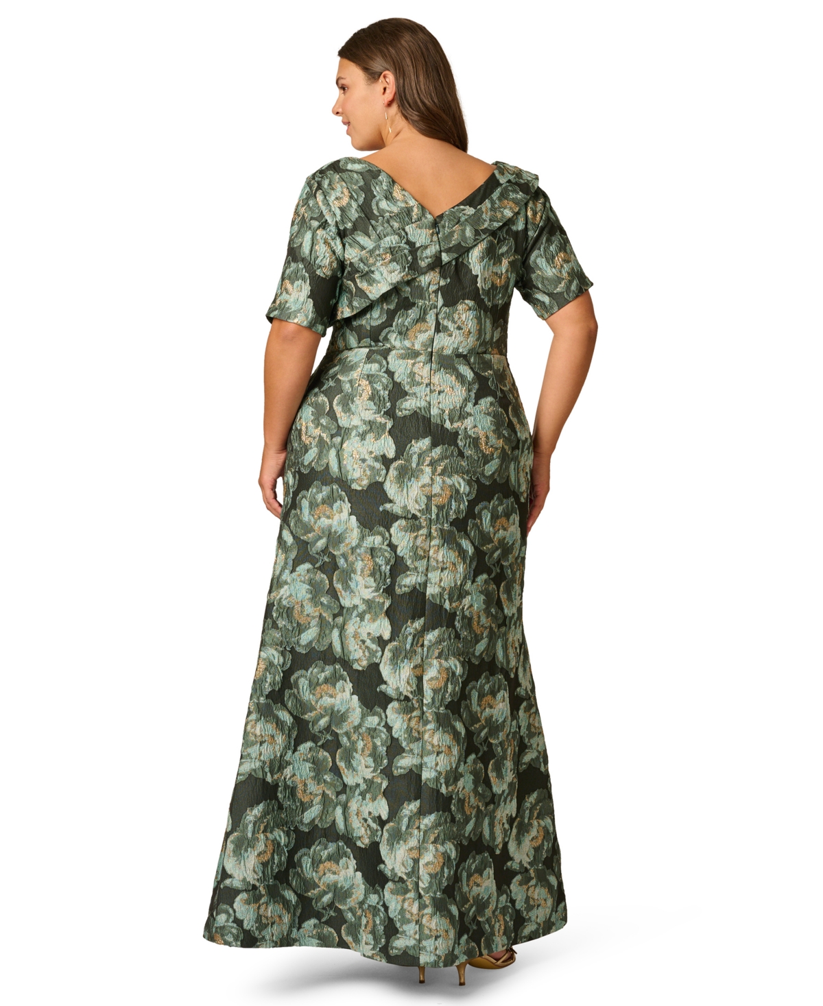 Adrianna Papell Plus Floral Asymmetrical Neckline Short Sleeve Gown