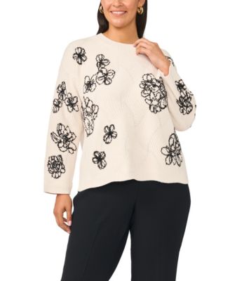Plus Size Floral-Embroidered Long-Sleeve Crewneck Sweater