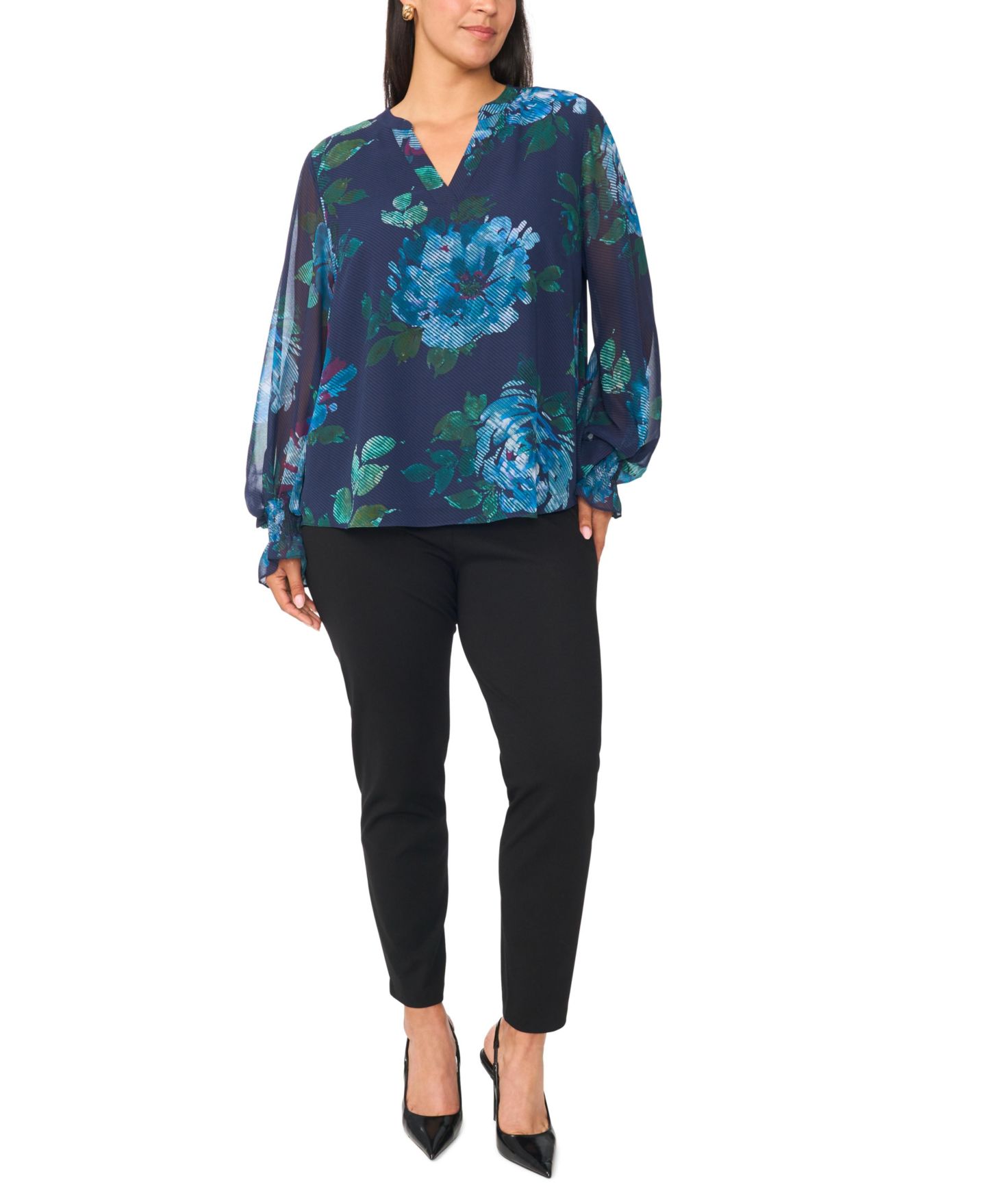 Женская блузка Vince Camuto Plus Size Split-Neck Floral-Print Long-Sleeve Blouse, цвет: Насыщенный тёмно-синий — фото 2
